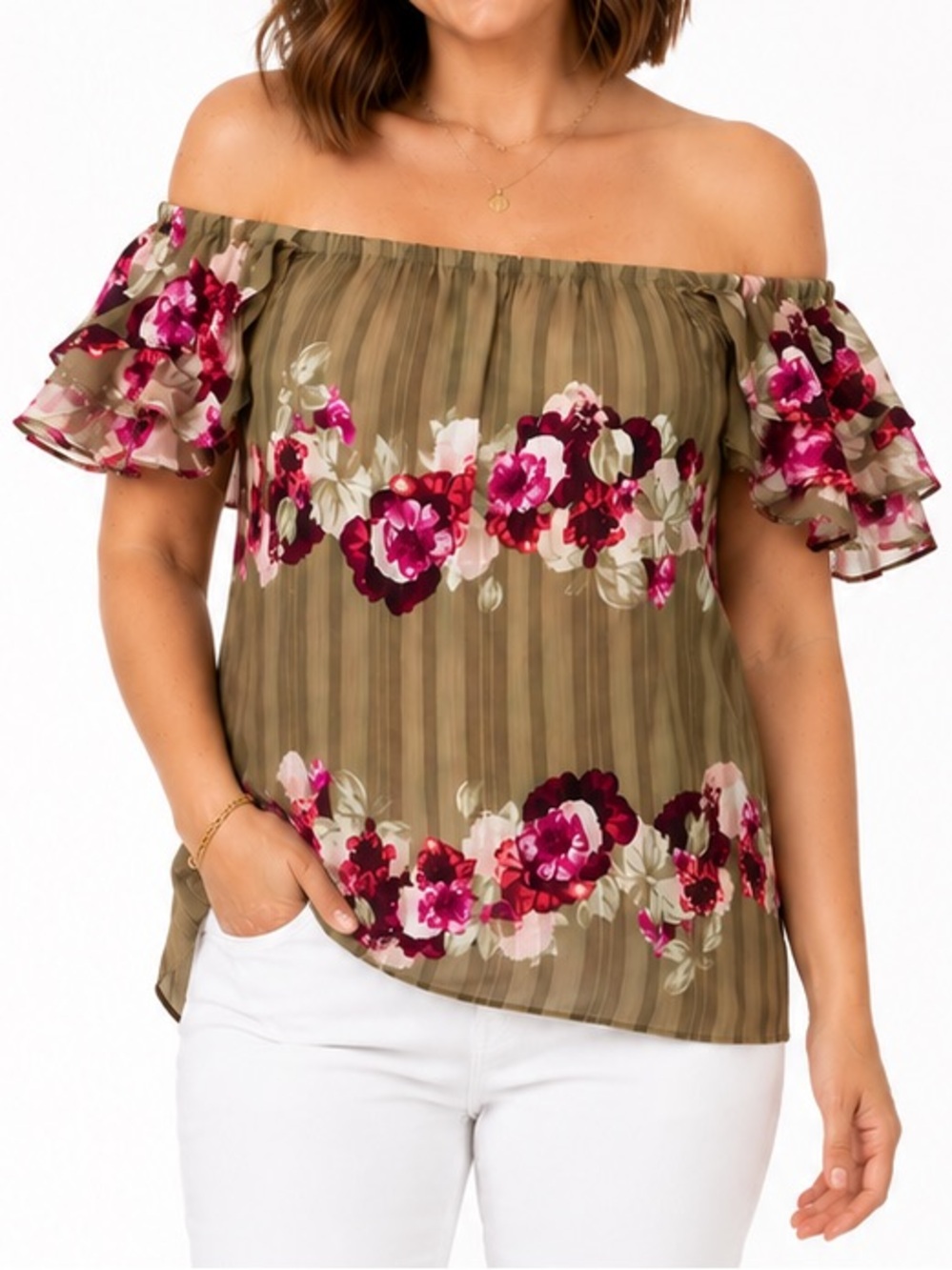 Banana Republic Off Shoulder Floral Top L Green Stripe Ruffle Sleeve